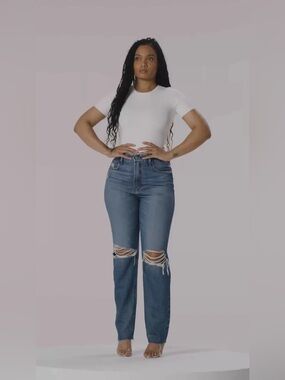 Good American Straight Leg Distressed Jeans in Medium Blue